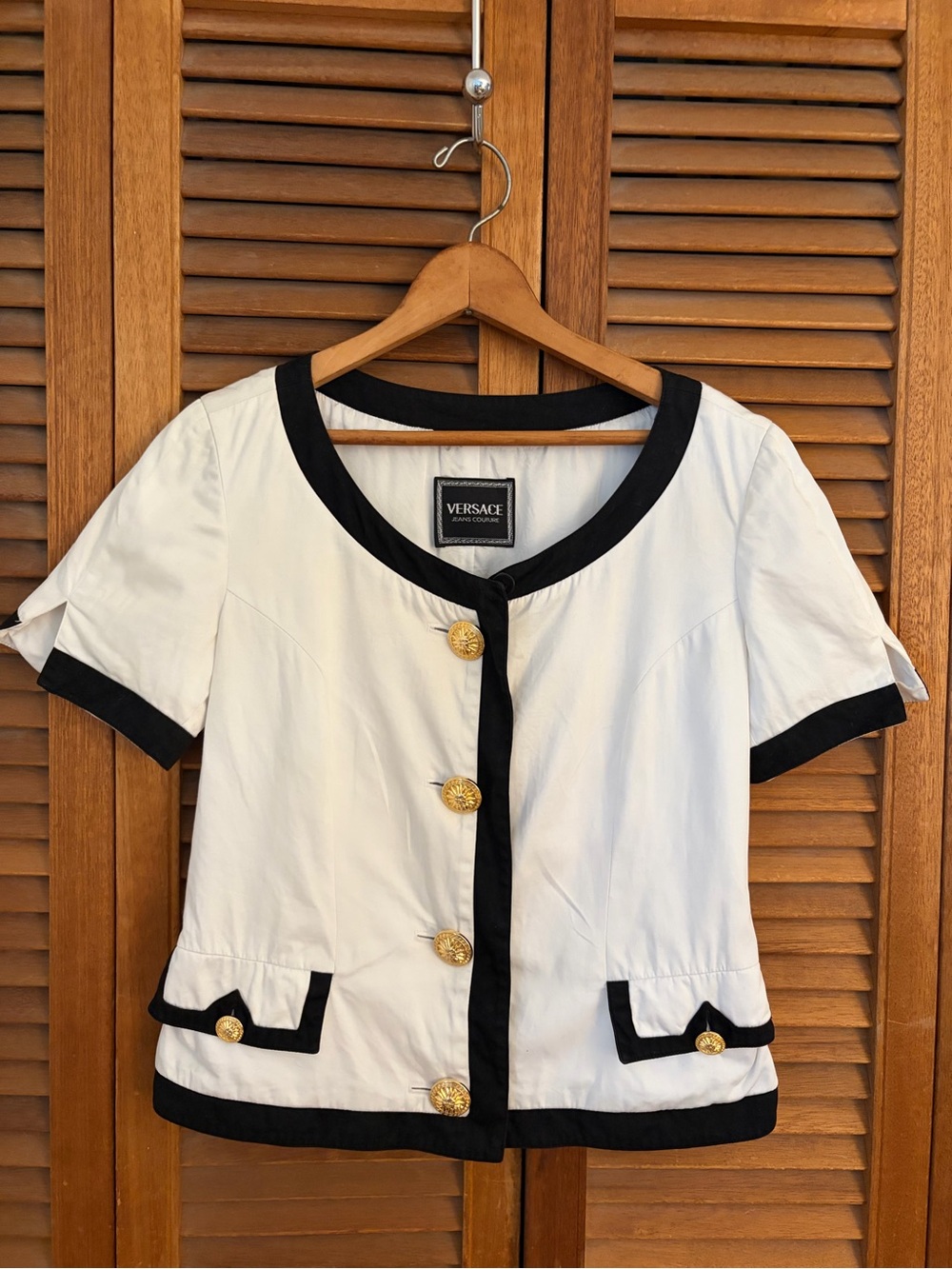 Vintage Versace White and Black Short Sleeve Jacket with Gold Medusa Button Sm